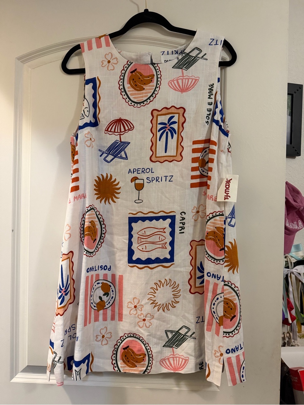 Sleeveless Mini Dress in White with Multicolor Resort Print